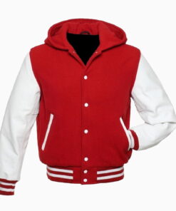 Red Pure Wool Varsity Letterman College Hoodie Jacket White Real Leather sleeves