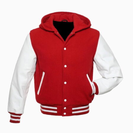 Red Pure Wool Varsity Letterman College Hoodie Jacket White Real Leather sleeves