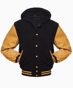 Alternative view of Black Yellow Varsity Letterman College Hoodie Jacket Wool With Real Leather
