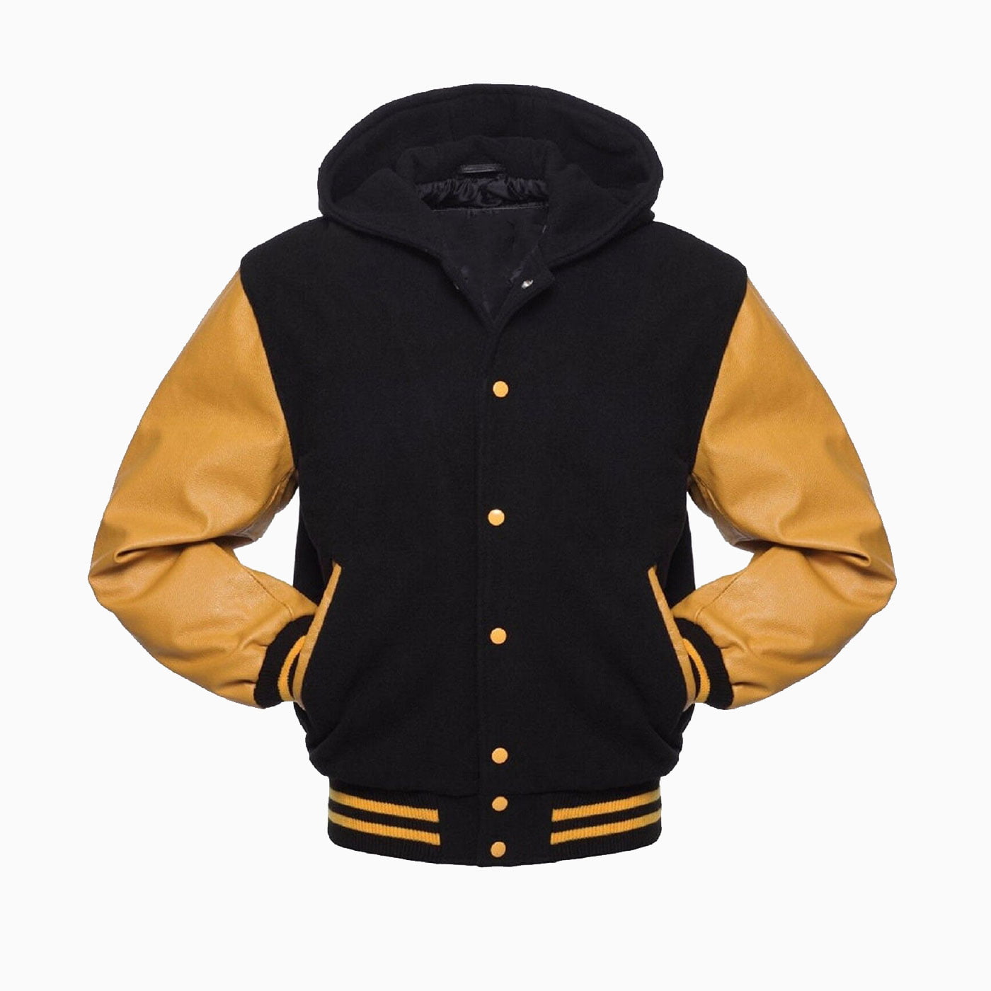 Black Yellow Varsity Letterman College Hoodie Jacket Wool With Real Leather - Image 2