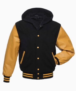 Black Yellow Varsity Letterman College Hoodie Jacket Wool With Real Leather