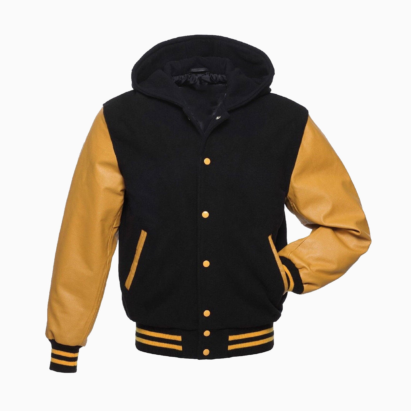 Custom Black Yellow Varsity Letterman College Hoodie Jacket Wool With