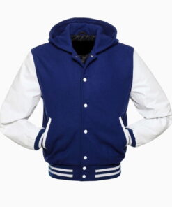Alternative view of Royal Blue Wool Varsity Letterman Hooded Jacket White Real Leather Arms Hoodie