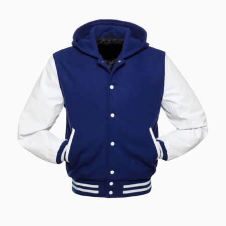 Alternative view of Royal Blue Wool Varsity Letterman Hooded Jacket White Real Leather Arms Hoodie