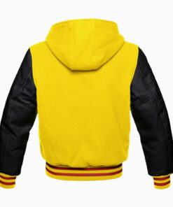 Alternative view of Yellow Wool Varsity Letterman Hooded Jacket Black Real Leather Sleeves Hoodie