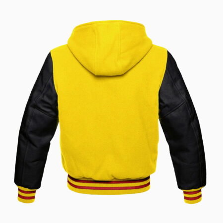 Alternative view of Yellow Wool Varsity Letterman Hooded Jacket Black Real Leather Sleeves Hoodie