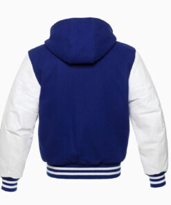 Royal Blue Wool Varsity Letterman Hooded Jacket White Real Leather Arms Hoodie 6