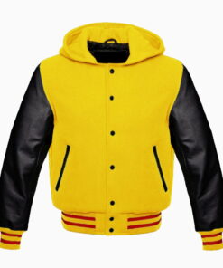 Yellow Wool Varsity Letterman Hooded Jacket Black Real Leather Sleeves Hoodie