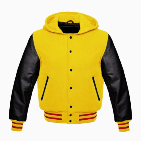 Yellow Wool Varsity Letterman Hooded Jacket Black Real Leather Sleeves Hoodie