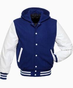 Royal Blue Wool Varsity Letterman Hooded Jacket White Real Leather Arms Hoodie