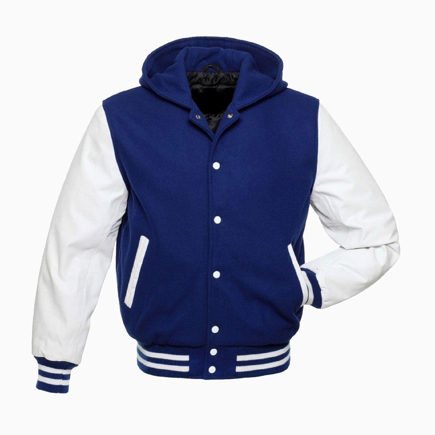 Custom Royal Blue Wool Varsity Letterman Hooded Jacket White Real