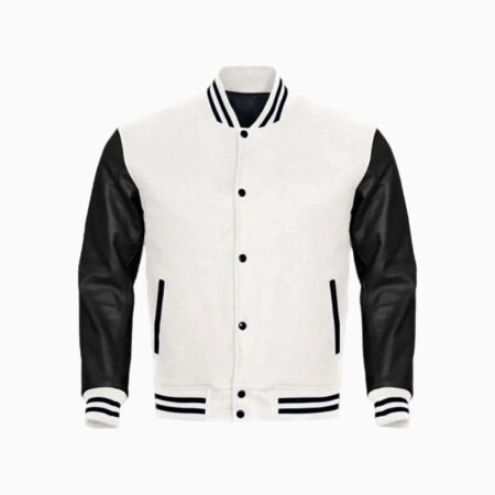 White Wool Body & Black Leather Sleeves Varsity Jacket