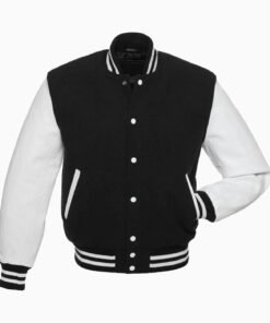 Womens Black Wool Body & White Leather Sleeves Varsity Jacket