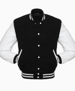 Alternative view of Womens Black Wool Body & White Leather Sleeves Varsity Jacket