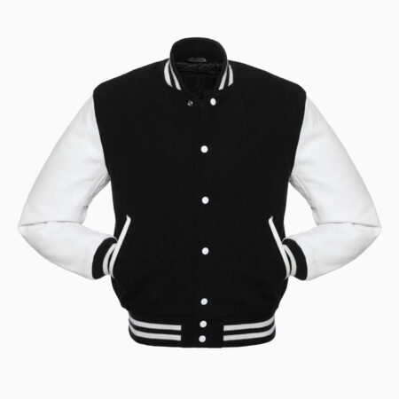 Alternative view of Womens Black Wool Body & White Leather Sleeves Varsity Jacket