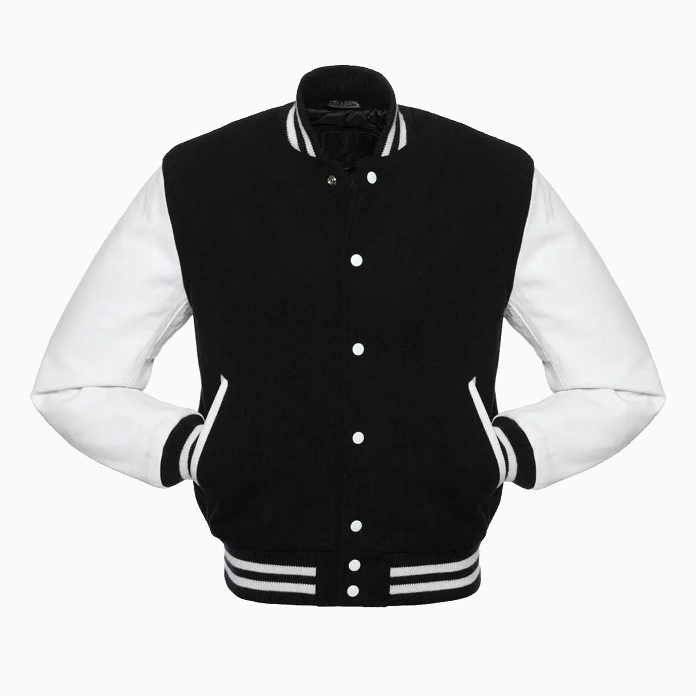 Womens Black Wool Body & White Leather Sleeves Varsity Jacket 2 Womens Black Wool Body & White Leather Sleeves Varsity Jacket - Image 2