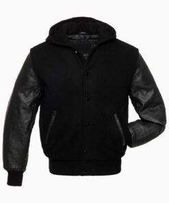Womens Black Wool Hooded Varsity Jacket