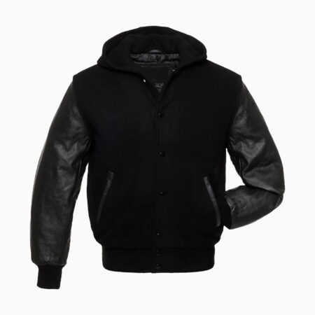 Womens Black Wool Hooded Varsity Jacket