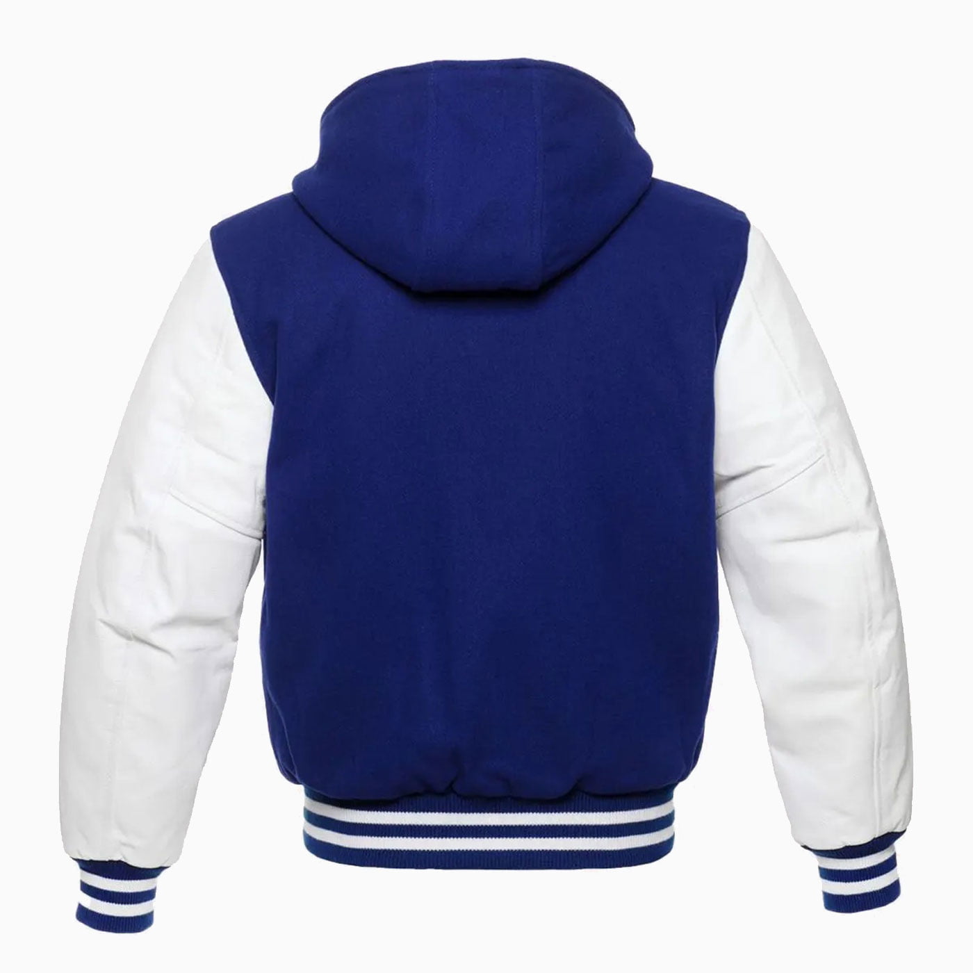 Womens Blue Wool Body & White Leather Sleeves Hooded Varsity Jacket 3 Womens Blue Wool Body & White Leather Sleeves Hooded Varsity Jacket - Image 3