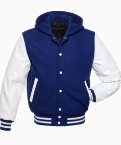 Womens Blue Wool Body & White Leather Sleeves Hooded Varsity Jacket