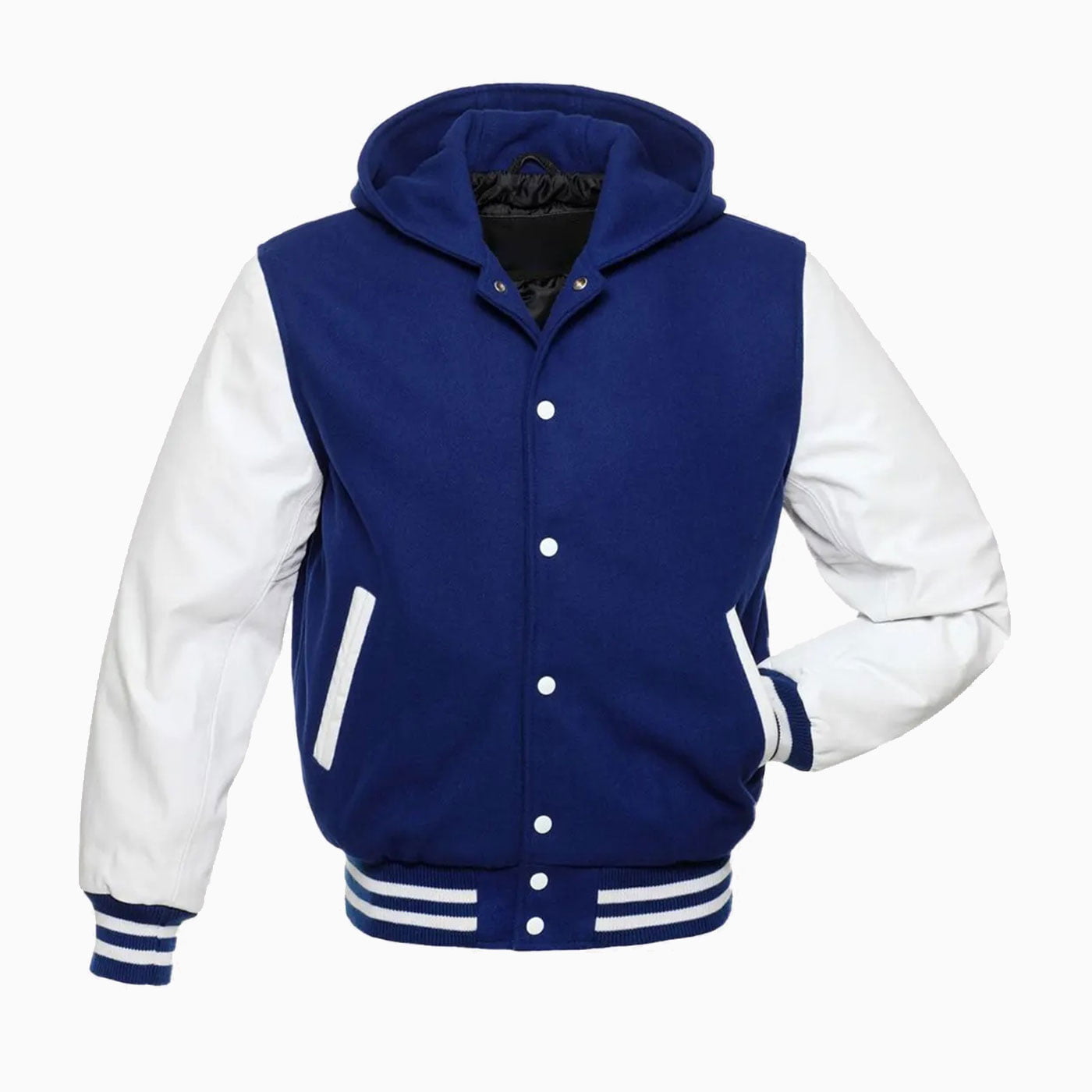 Custom Womens Blue Wool Body & White Leather Sleeves Hooded Varsity