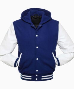 Alternative view of Womens Blue Wool Body & White Leather Sleeves Hooded Varsity Jacket