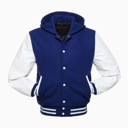 Alternative view of Womens Blue Wool Body & White Leather Sleeves Hooded Varsity Jacket