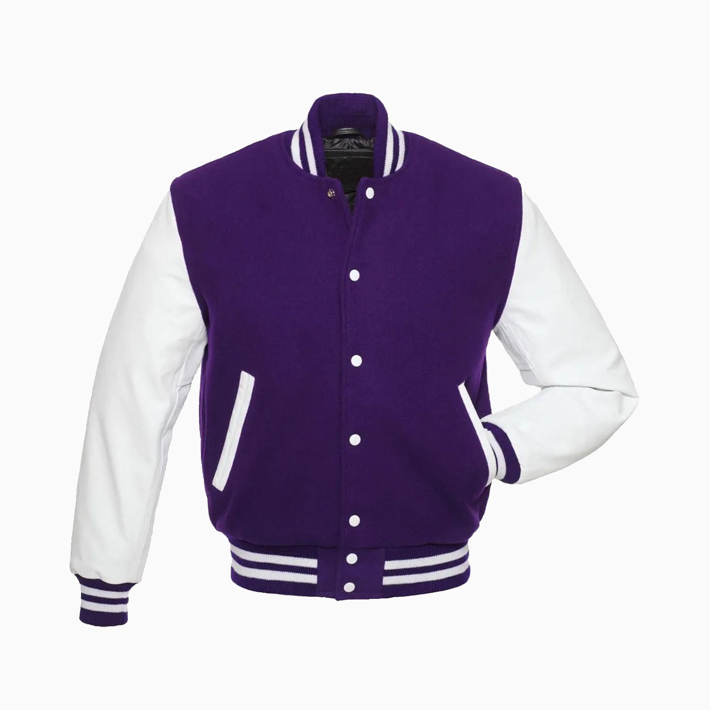 Custom Womens Purple Wool Body & White Leather Sleeves Varsity Jacket