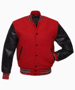 Womens Red Wool Body & Black Leather Sleeves Varsity Jacket