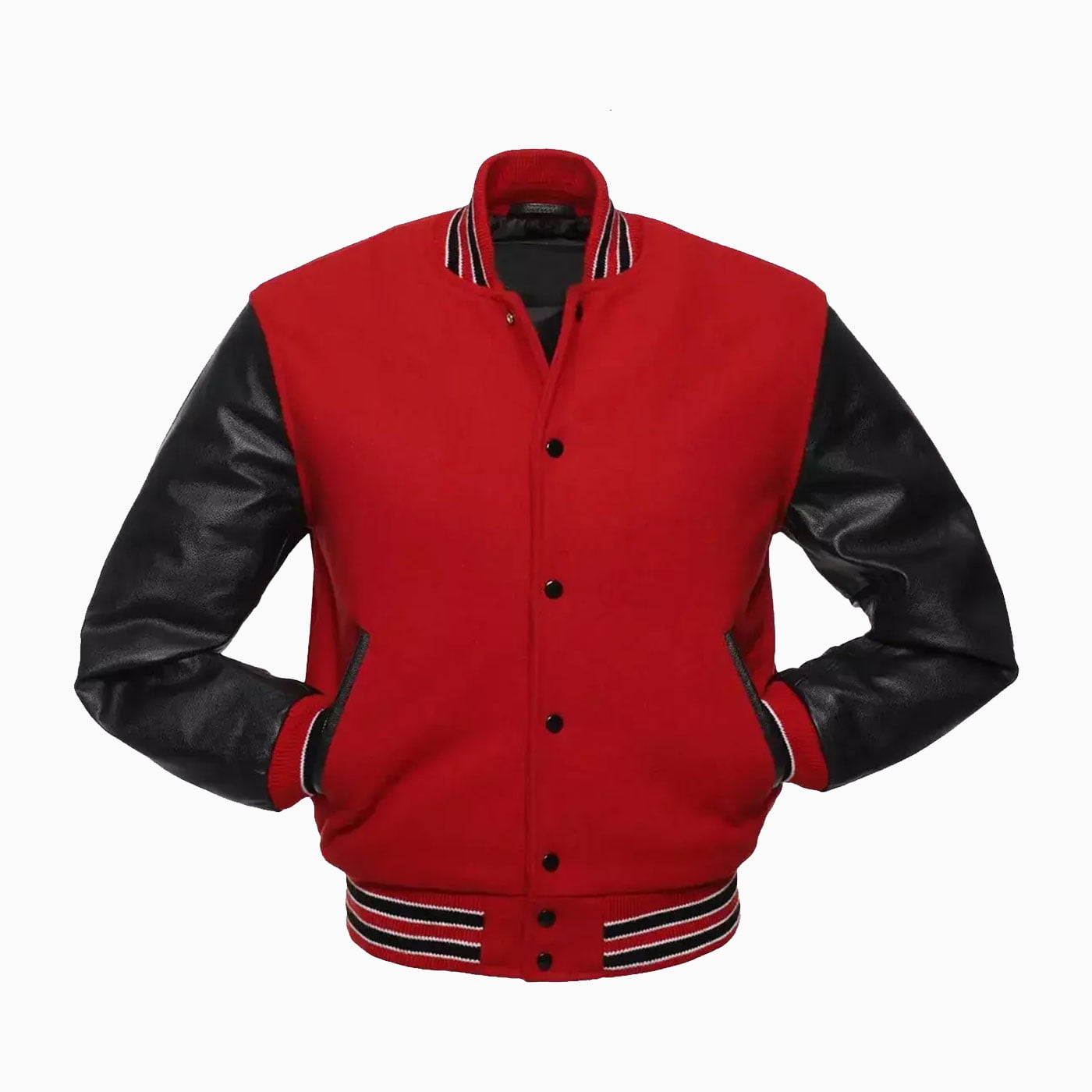 Custom Womens Red Wool Body & Black Leather Sleeves Varsity Jacket