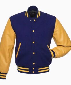 Mens Bright Royal Wool Body & Gold Leather Sleeves Varsity Jacket