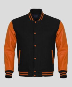 Customized Leather sleeve Varsity jackets in Black and orange colour